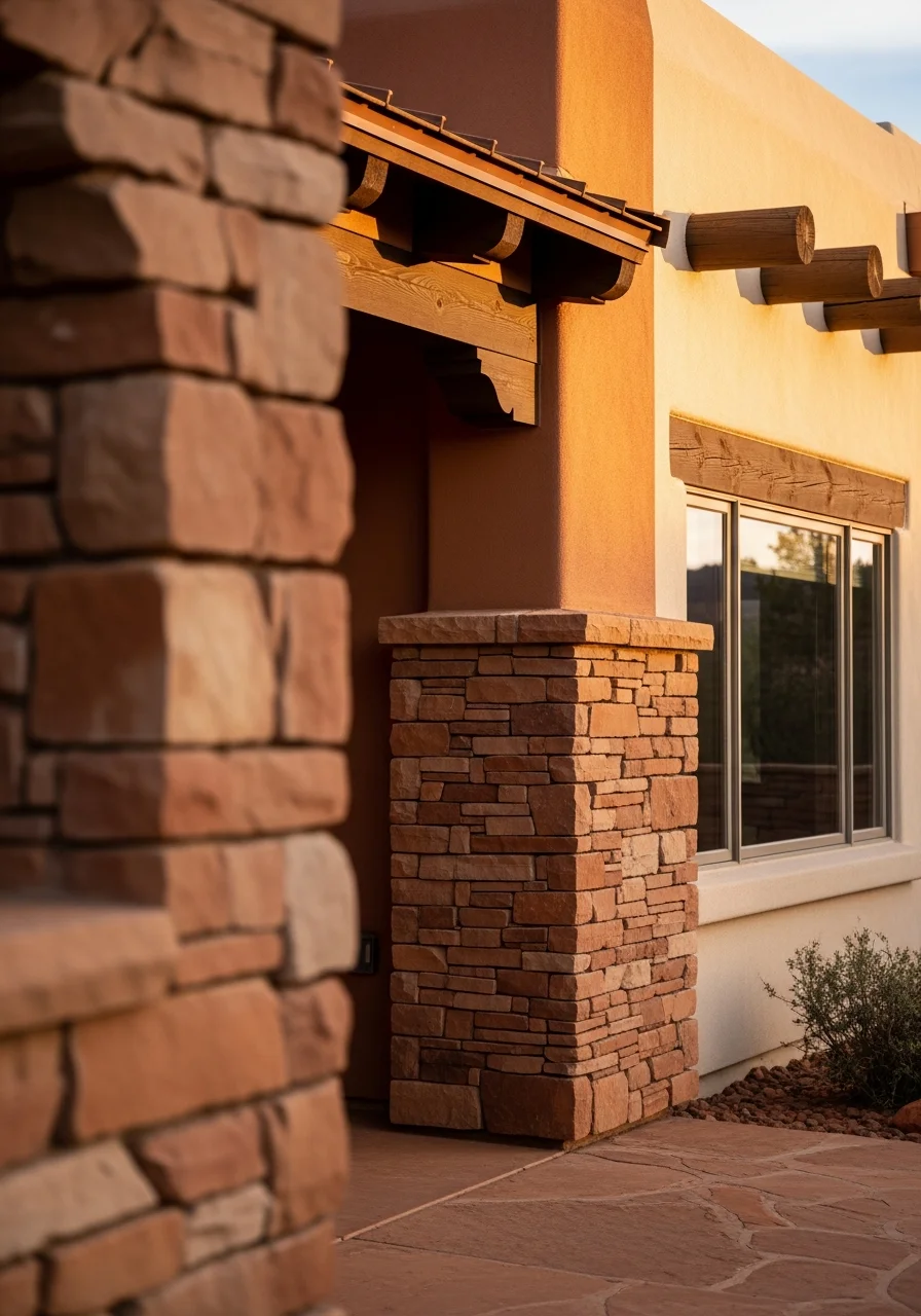 Close-up of a Sedona residence exterior showing Southwestern architectural details and natural stone work.