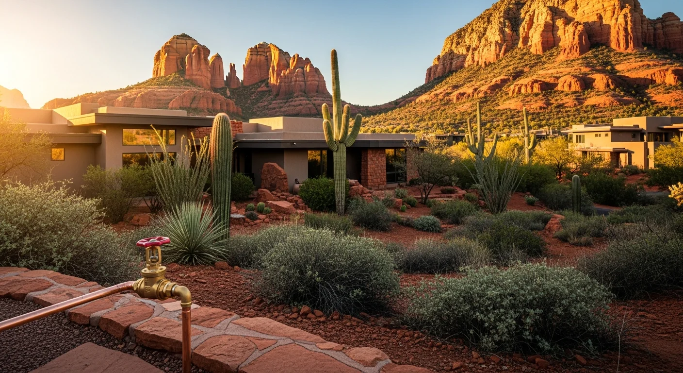 Red rock landscape with a modern Sedona home nestled among desert vegetation and natural stone formations.