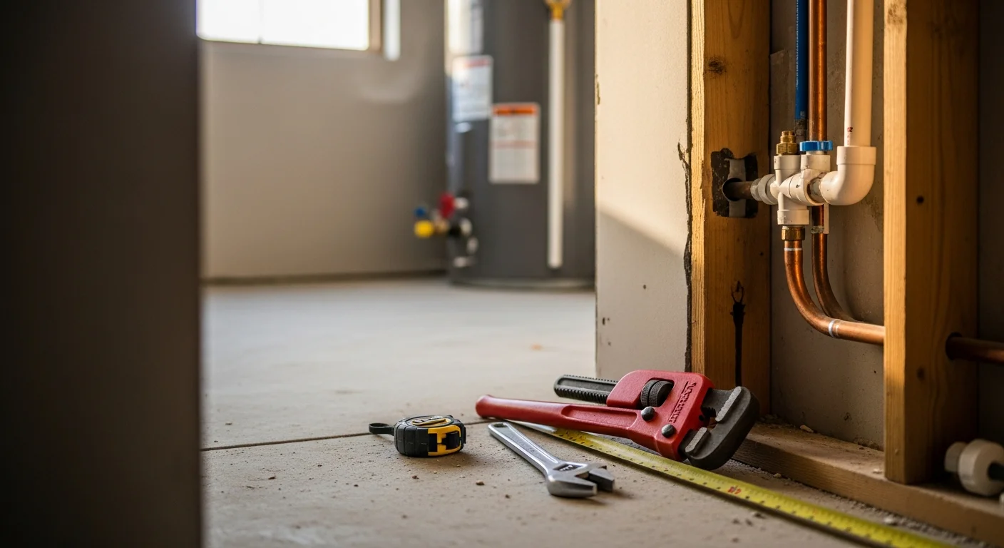 A licensed plumber from Elsea Plumbing INC inspecting a commercial water supply line inside a Prescott, AZ business property. The image shows exposed pipe connections and a pressure gauge in a commercial utility room.