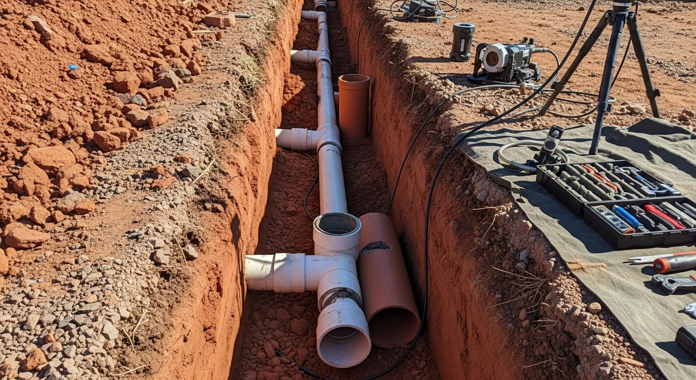 A plumber inspecting an exposed residential drain pipe beneath a Prescott home, with red rock terrain visible through a nearby window. The pipe shows visible cracking consistent with mineral buildup and soil movement common in Northern Arizona properties.