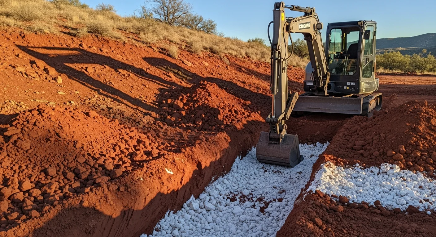 An excavator digging a foundation trench on a sloped residential lot in Prescott, Arizona, with red rock formations visible in the background. The cleared site shows exposed rocky soil typical of the Prescott high-desert terrain.