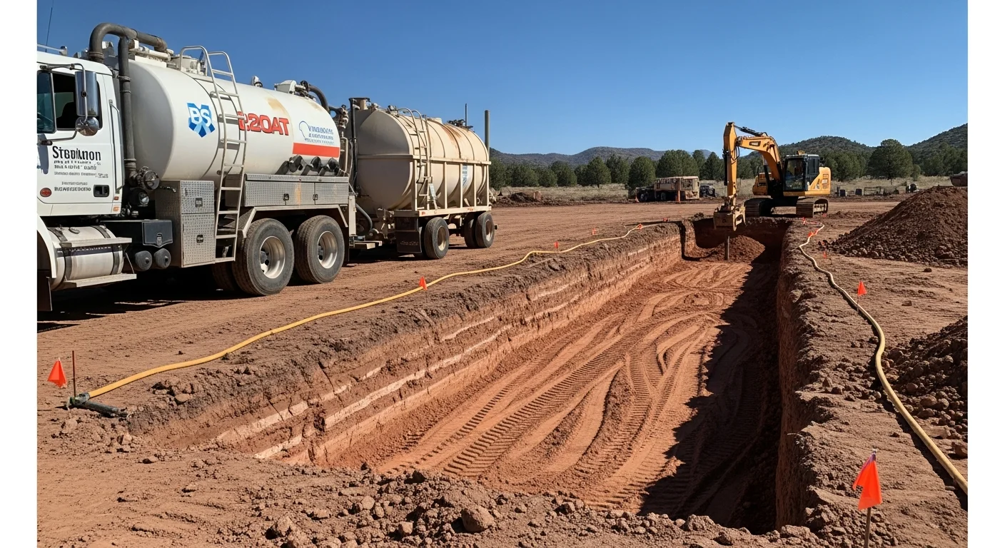 A hydro excavation vacuum truck parked on a residential street in Prescott, Arizona, with a clean, narrow trench exposing buried utility lines in red-toned desert soil. A crew member monitors the vacuum hose at the dig site against a backdrop of Prescott's layered sandstone terrain.