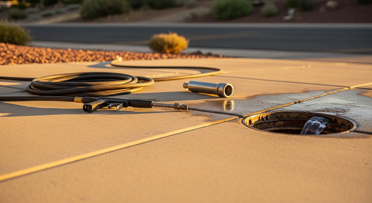 A plumber in Prescott, AZ feeding a high-pressure hydro jetting hose into a residential drain cleanout. The pipe interior shown on a nearby camera monitor displays cleared walls after mineral scale and debris removal.