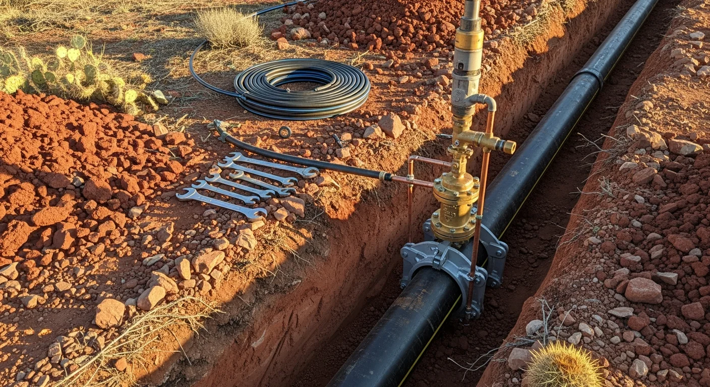An excavated trench in Prescott, Arizona exposing a pressurized water main with a tapping sleeve and isolation valve installed by Elsea Plumbing INC. The surrounding red-rock soil is visible at the trench walls with a live tap machine mounted and ready for the connection cut.