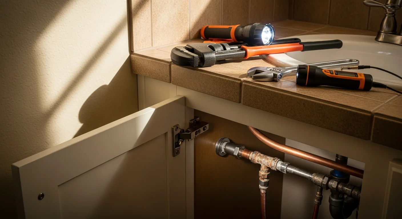 A licensed plumber inspecting residential pipe connections beneath a kitchen sink inside a Prescott, AZ home. Mineral scale buildup is visible on the older supply line fittings.