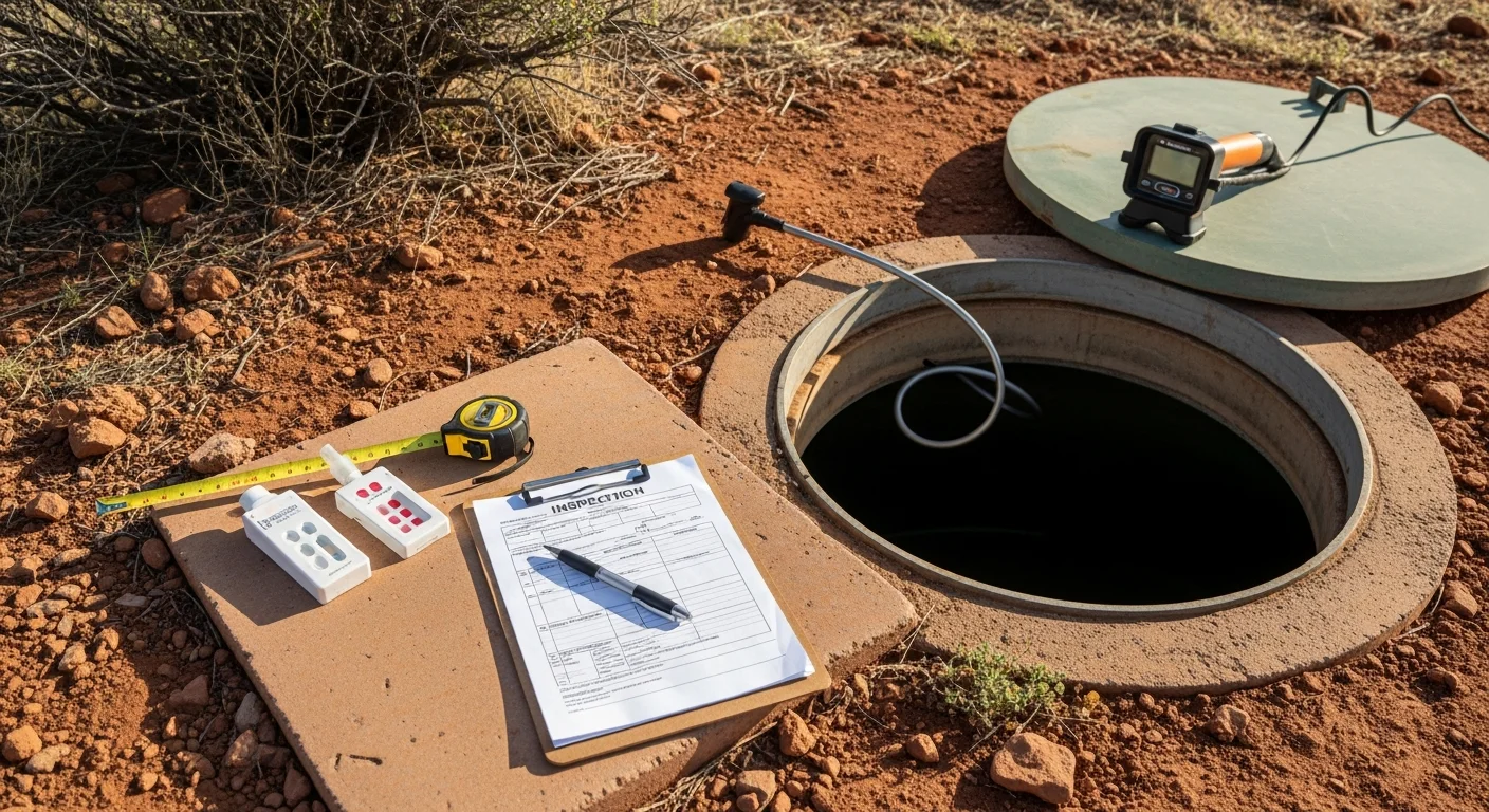 A licensed septic inspector from Elsea Plumbing INC examining an open septic tank access point on a residential property in Prescott, Arizona, with red rock terrain visible in the background. The inspector is checking the tank interior and baffles as part of a transfer-of-ownership inspection.
