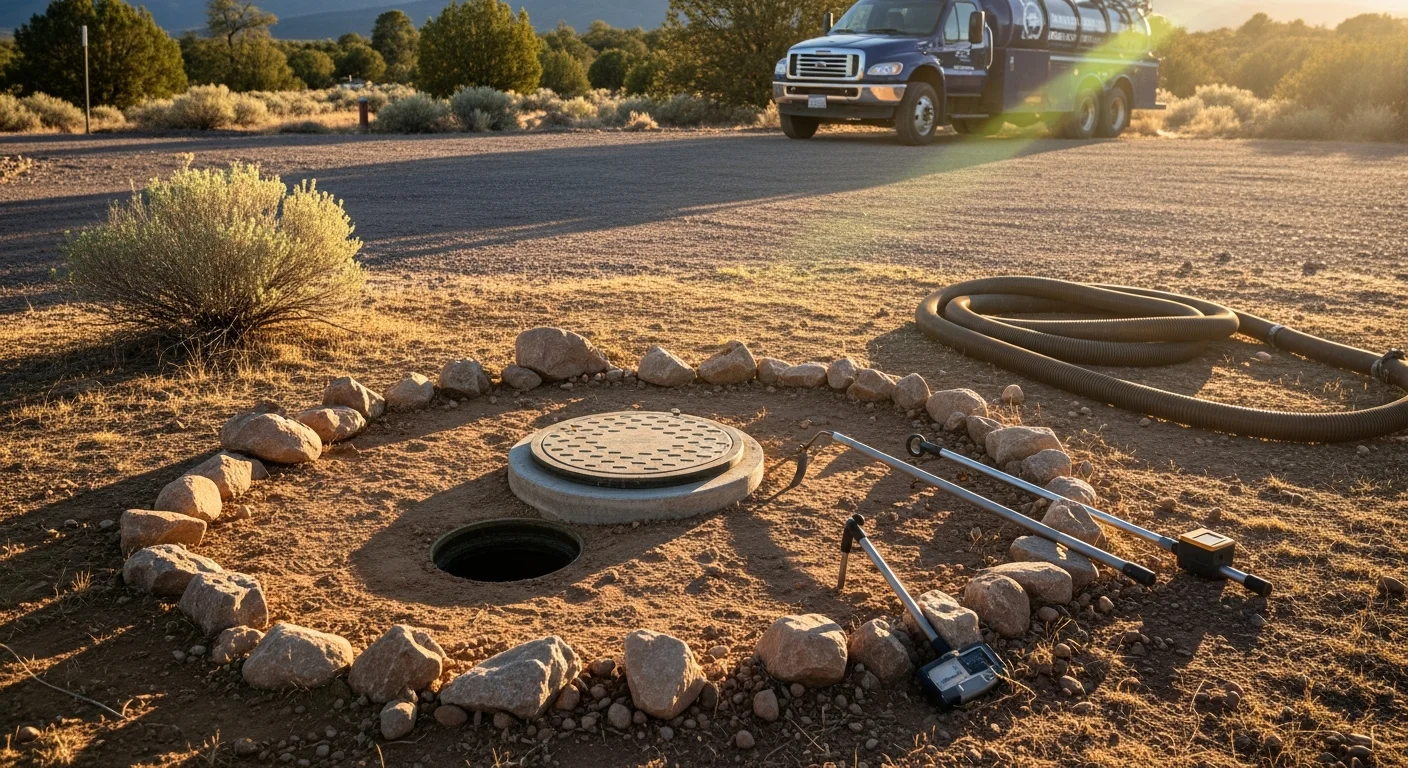 A septic pumping truck parked beside a residential property in Prescott, Arizona, with a technician accessing the tank lid in a desert landscaped yard. The red rock terrain of Prescott is visible in the background.