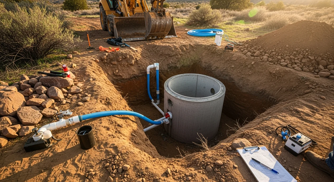 A newly installed septic tank and drainfield on a Prescott residential property, with rocky desert soil visible around the excavated area. A licensed plumber from Elsea Plumbing INC oversees the placement of the tank before backfill.