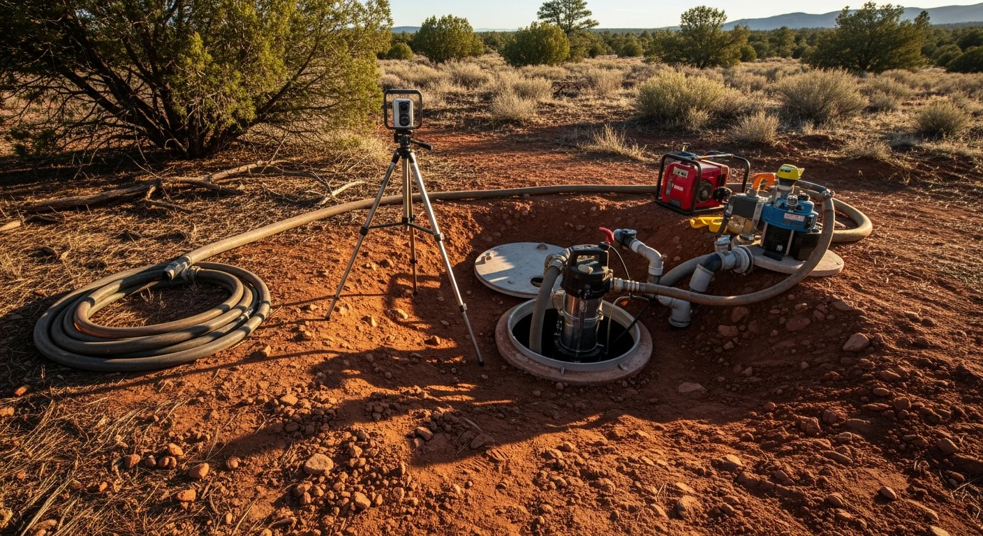 A septic tank access lid open in a Prescott residential yard with a technician from Elsea Plumbing INC inspecting the tank interior during a routine maintenance visit. Red rock terrain is visible in the background.