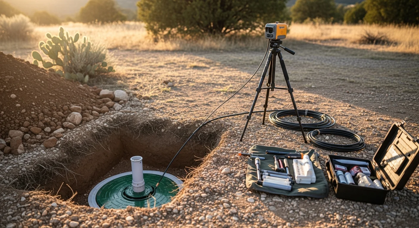 A licensed technician from Elsea Plumbing INC inspecting an exposed septic tank access point on a residential property in Prescott, Arizona. Rocky red-soil terrain is visible in the background near the drain field area.