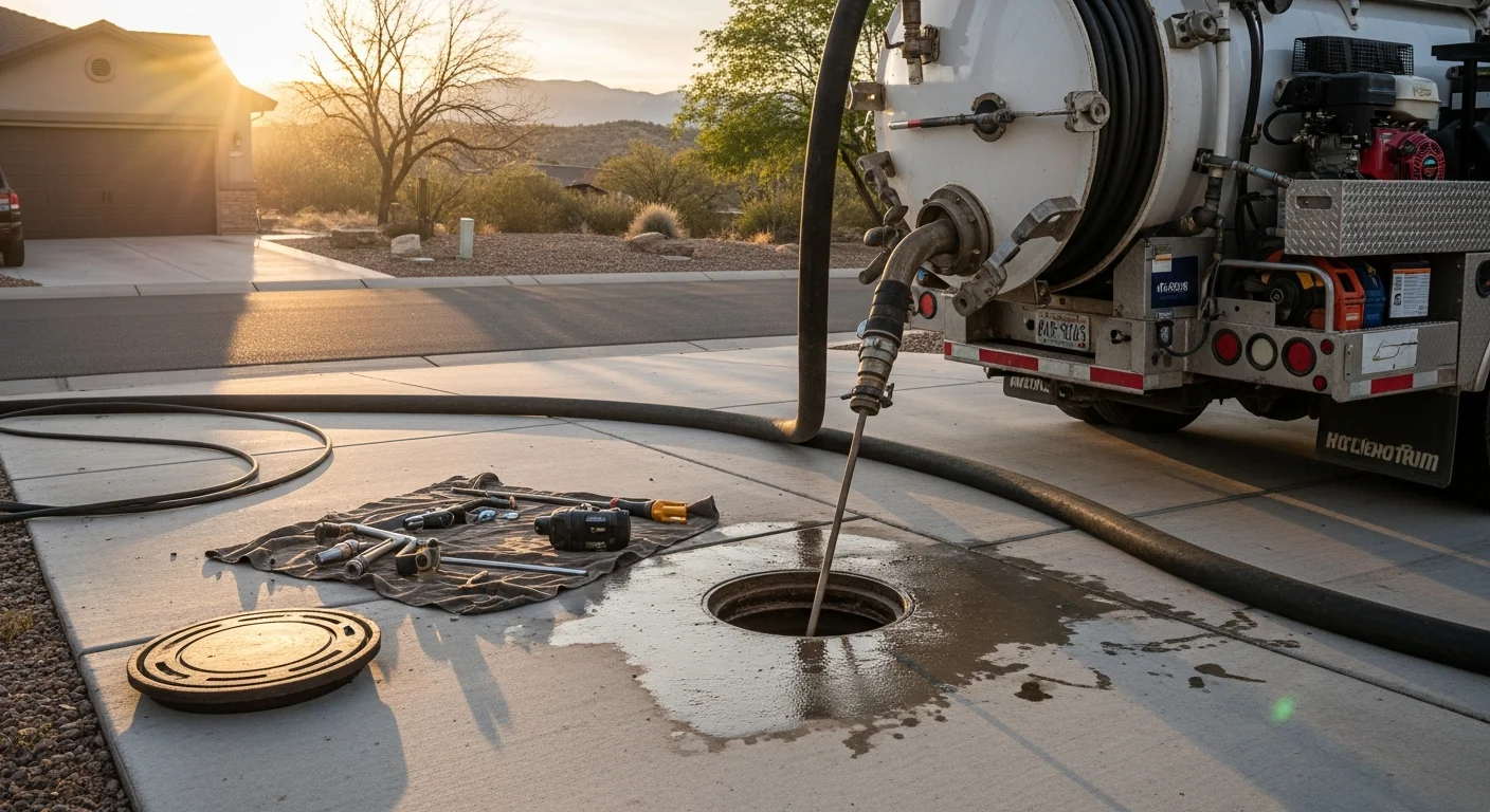 A plumber using a hydro-jetting hose to clean a residential sewer line at a Prescott, AZ property. The pipe interior shown on a camera inspection monitor displays cleared walls after the service.