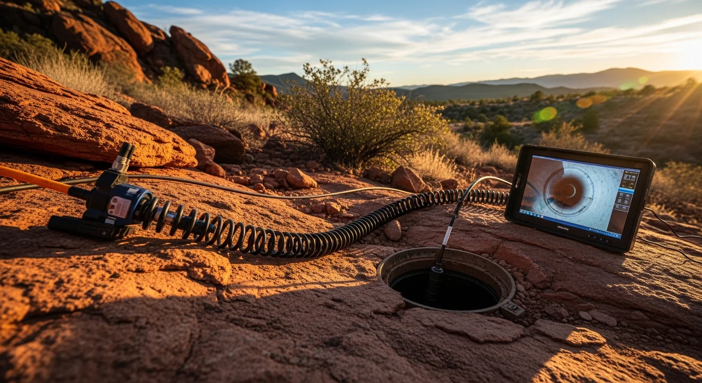 A plumber from Elsea Plumbing INC feeding a camera line into a sewer cleanout access point at a residential property in Prescott, Arizona. The camera monitor displays a real-time view of the interior pipe condition.