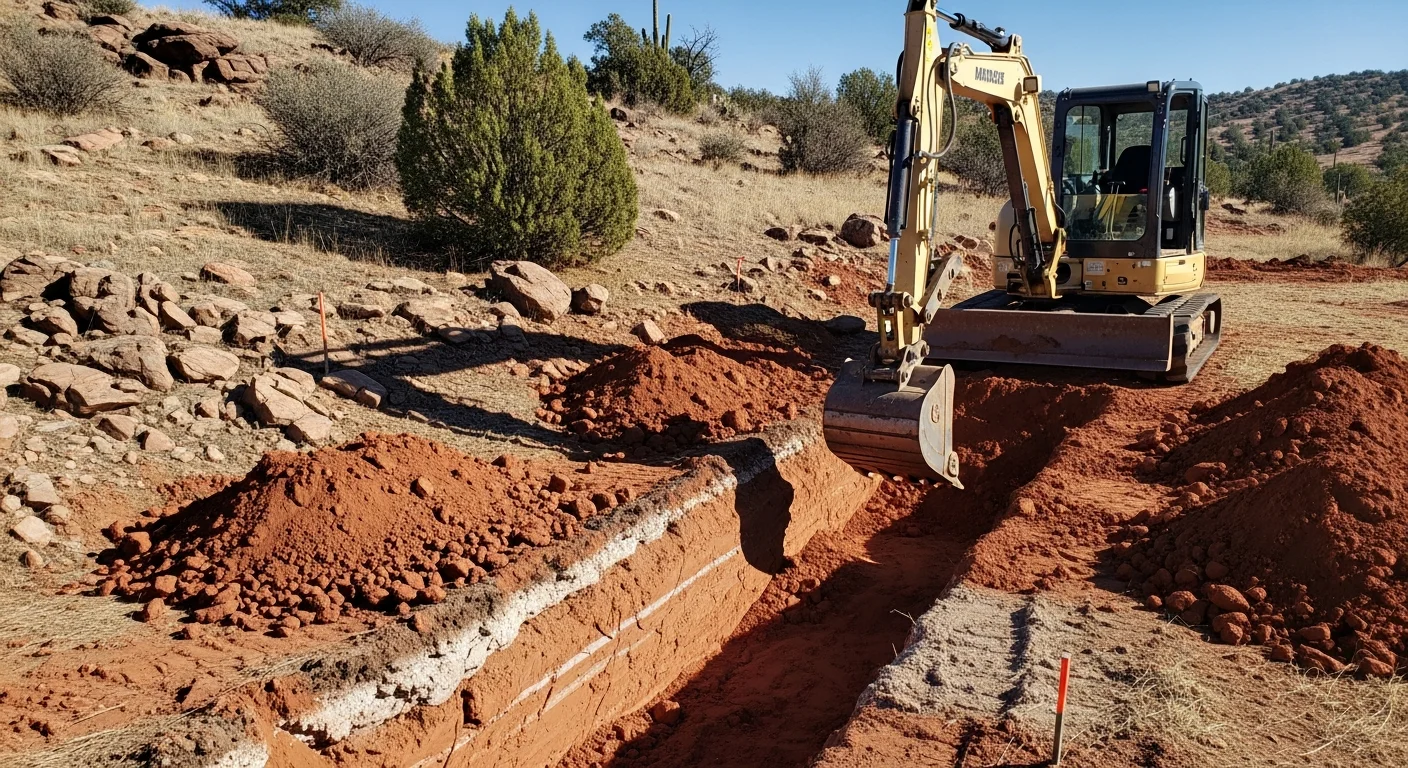 Excavating equipment grading a sloped residential lot in Prescott, Arizona, with red rock formations visible in the background. The cleared and leveled site shows exposed native soil ready for foundation work.