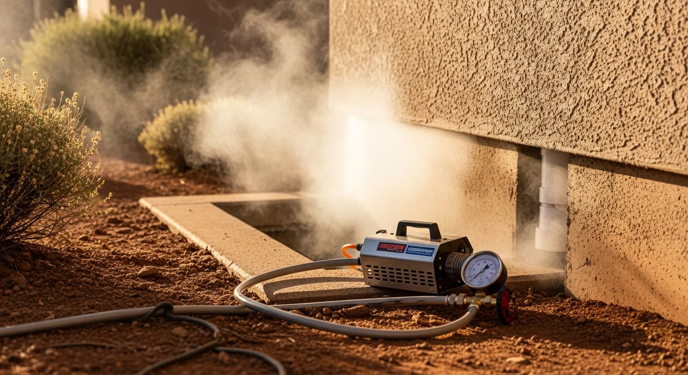 A plumber from Elsea Plumbing INC observing white vapor escaping from a drain cleanout during a smoke test on a residential property in Prescott, Arizona. The test reveals a visible leak point along the exterior foundation of the home.