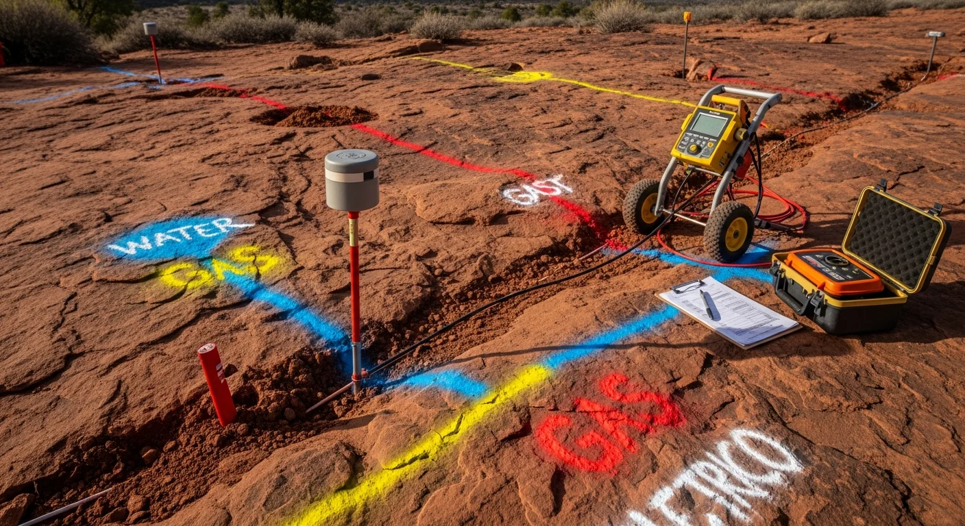 A utility locating technician uses ground-penetrating radar equipment to scan a rocky residential dig site in Prescott, Arizona. Colored flags mark the positions of buried utility lines across the excavation area.