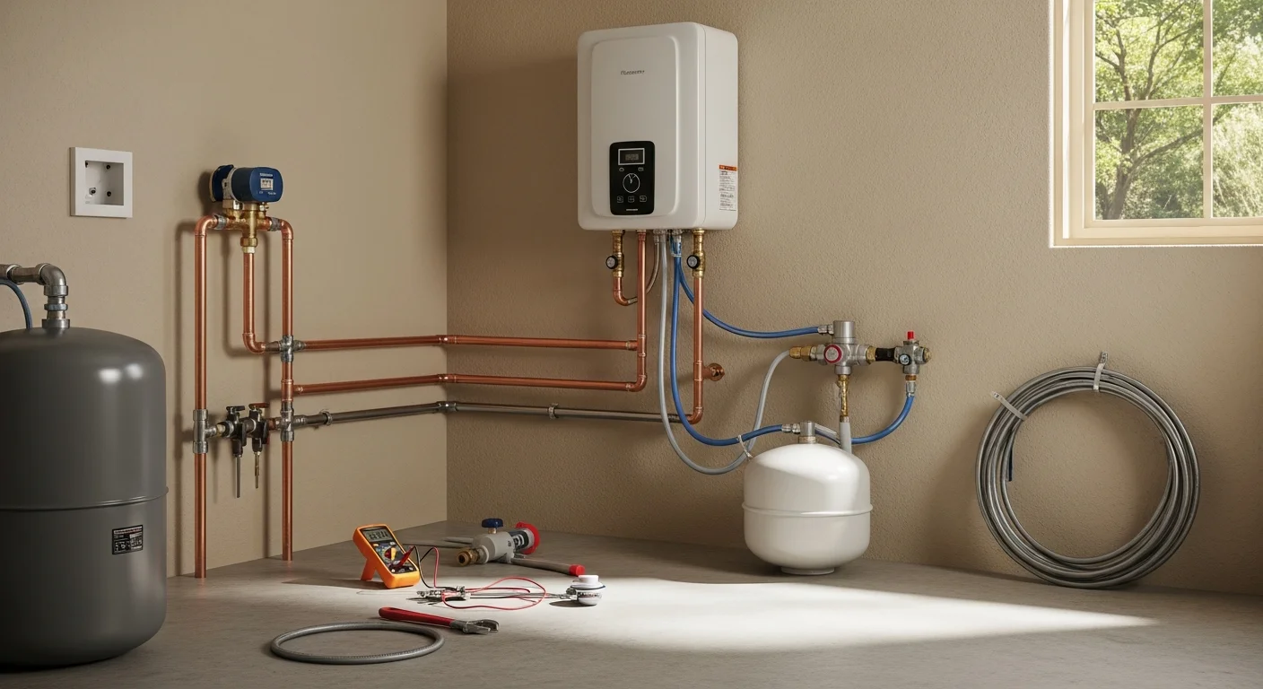 A newly installed tank water heater in a Prescott, Arizona home utility closet, with copper supply lines and a gas connection secured by a licensed plumber.