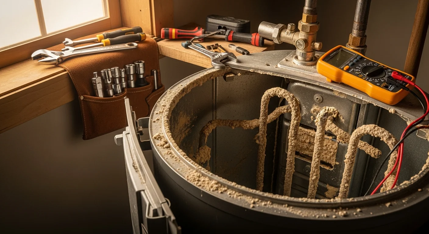 A licensed plumber inspecting a residential water heater tank in a Prescott, Arizona home, with visible mineral scale deposits on the unit's connections. Close-up view of the repair work being performed on the heating element and anode rod.