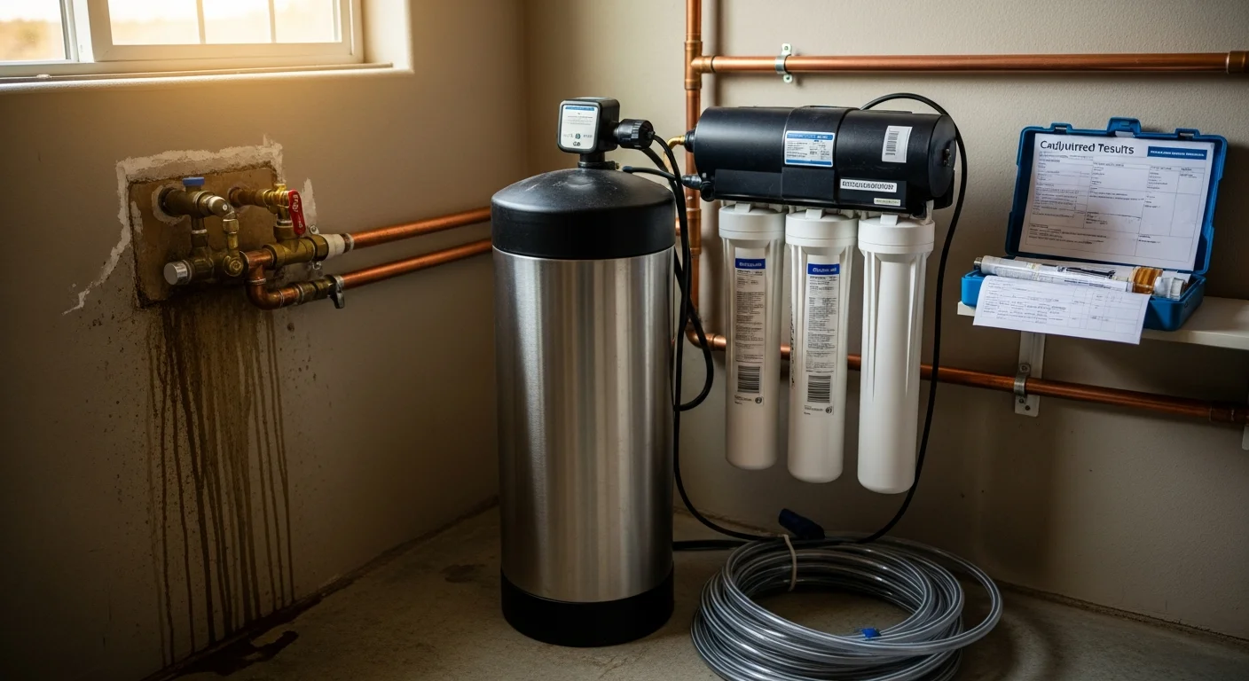 A water softener and whole-home filtration system installed in a Prescott, AZ home utility room. The setup connects directly to the main water supply line to treat hard groundwater before it reaches household fixtures.